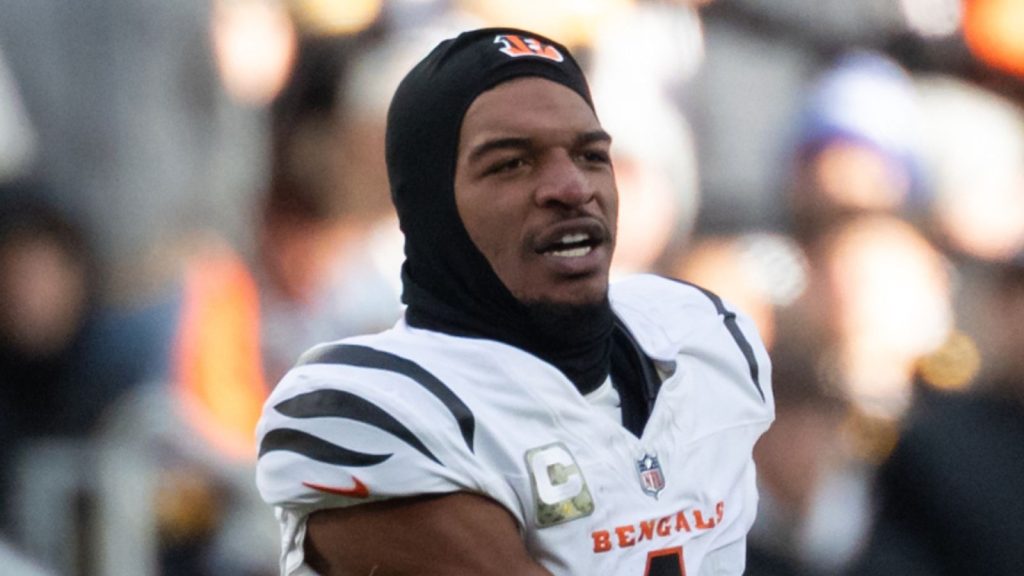Cincinnati Bengals wide receiver Ja'Marr Chase (1) reacts after having his helmet pulled off during an NFL football game, Sunday, Nov. 16, 2025, in Pittsburgh. (AP Photo/Matt Durisko)