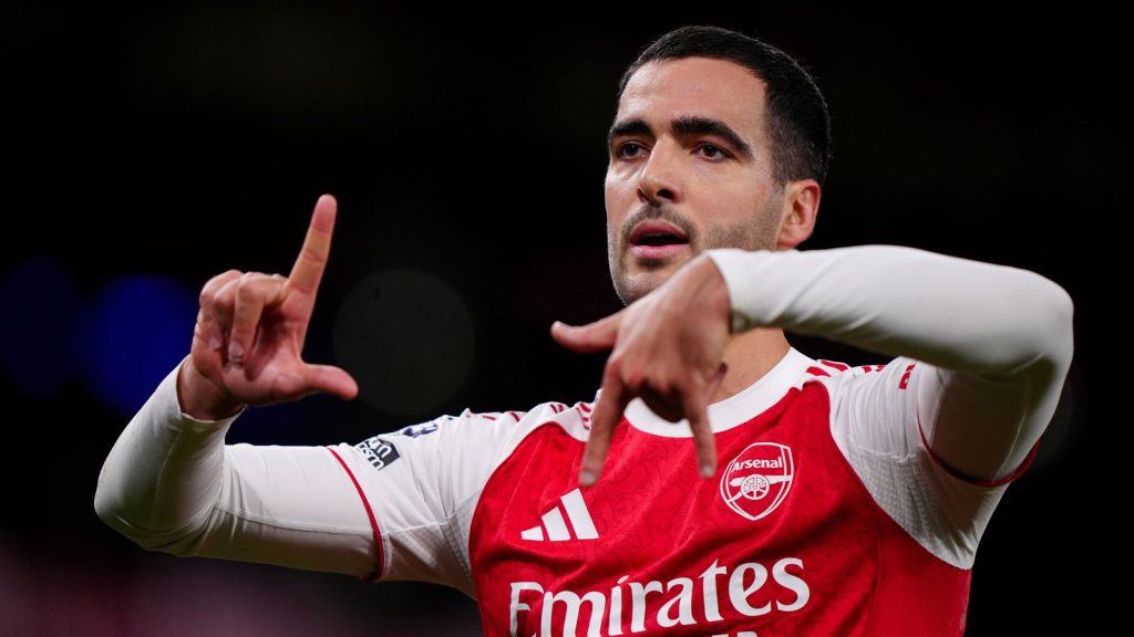 Arsenal's Mikel Merino celebrates after scoring his sides first goal