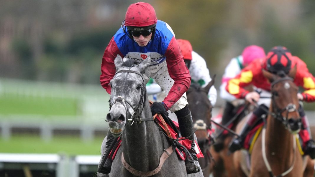 No Drama This End, ridden by Harry Cobden, on the way to winning the Betfair Winter Novices' Hurdle at Sandown