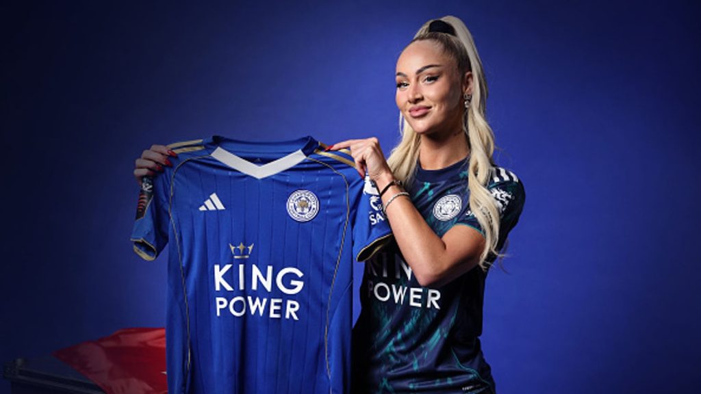 LEICESTER, ENGLAND - JANUARY 22: Leicester City Women unveil new signing Alisha Lehmann at the King Power Stadium on January 22, 2026 in Leicester, United Kingdom. (Photo by Plumb Images/Leicester City FC via Getty Images)