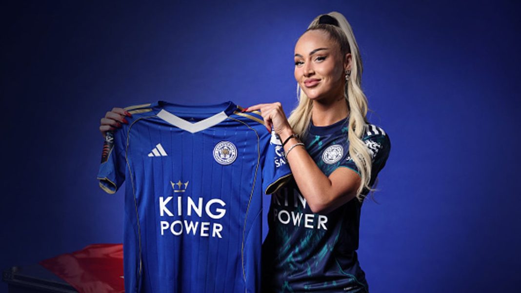 LEICESTER, ENGLAND - JANUARY 22: Leicester City Women unveil new signing Alisha Lehmann at the King Power Stadium on January 22, 2026 in Leicester, United Kingdom. (Photo by Plumb Images/Leicester City FC via Getty Images)