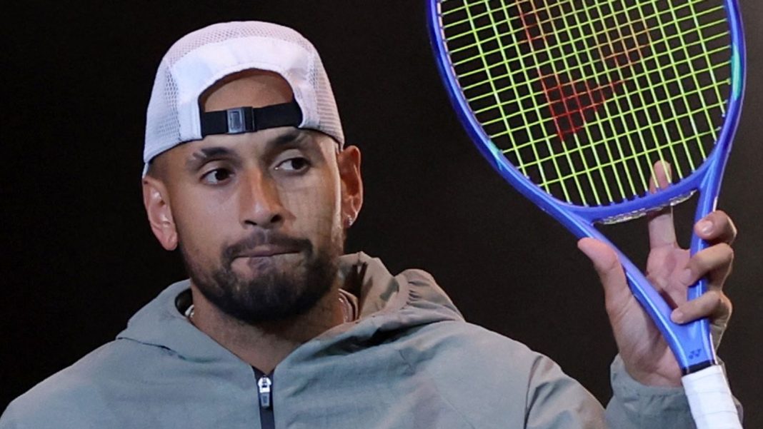 Nick Kyrgios makes his way to the court for the Battle of the Sexes match between Aryna Sabalenka and Nick Kyrgios in Dubai, UAE