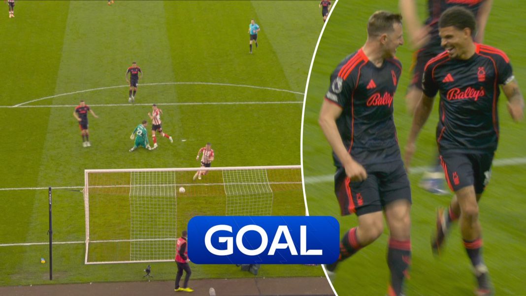 Chris Wood scores Forest's second goal at Sunderland