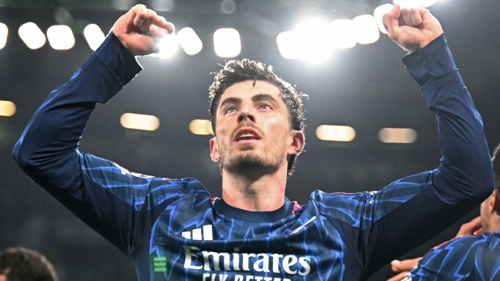 Kai Havertz celebrates after scoring late winner for Arsenal at Sporting in Champions League quarter-final first leg