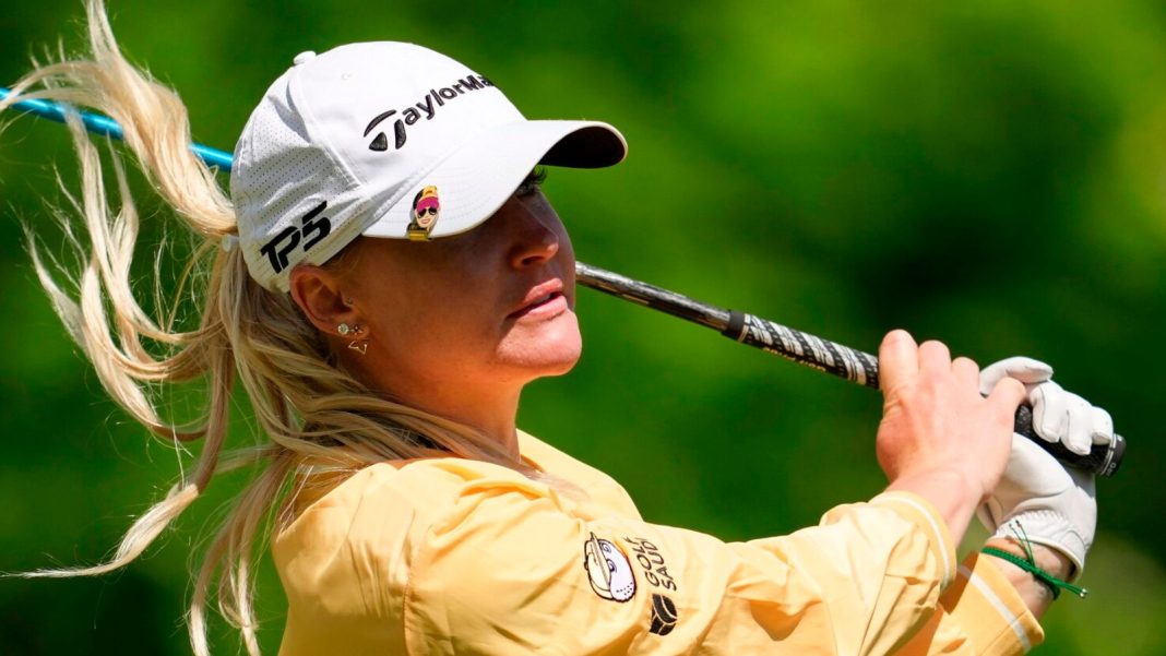 Charley Hull plays her shot on the seventh hole during the first round of the Queen City Championship LPGA golf tournament