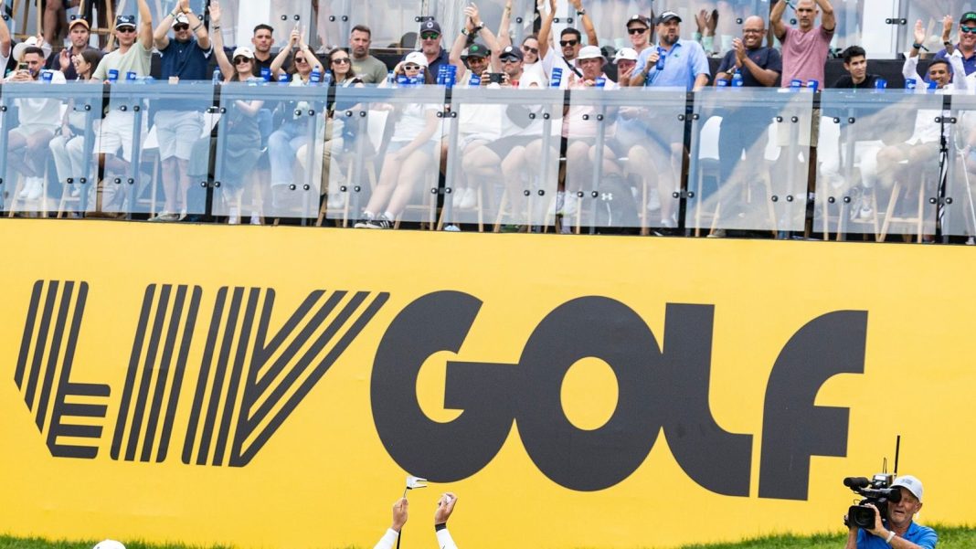 Dean Burmester of Southern Guards GC acknowledges the fans from the 17th green during the third round of LIV Golf South Africa at The Club at Steyn City on Saturday, March 21, 2026 in Midrand, South Africa. (Photo by Jon Ferrey/LIV Golf via AP)